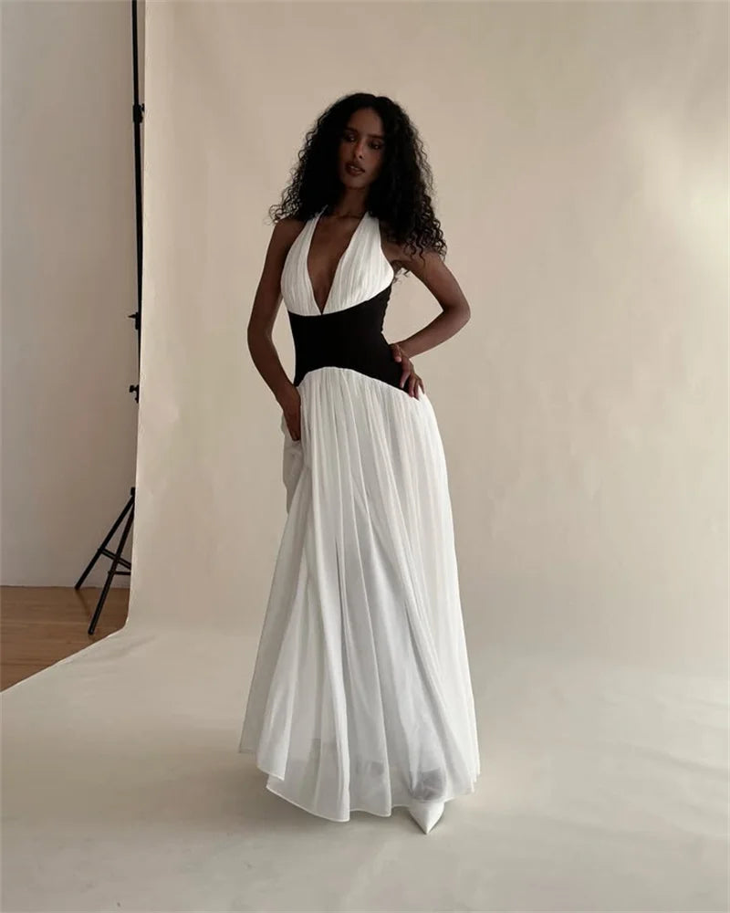 Halter Deep V Neck Backless Sexy Maxi Dress Women Gown Fashion Patchwork Sleeveless High Waist Club Party Long Dress