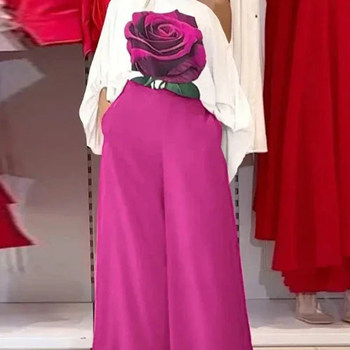 Load image into Gallery viewer, Summer Women 2 Piece Set Outfit Pants Rose Flower Print Blouse Tops Loose Wide Leg Trousers Clothes for Women
