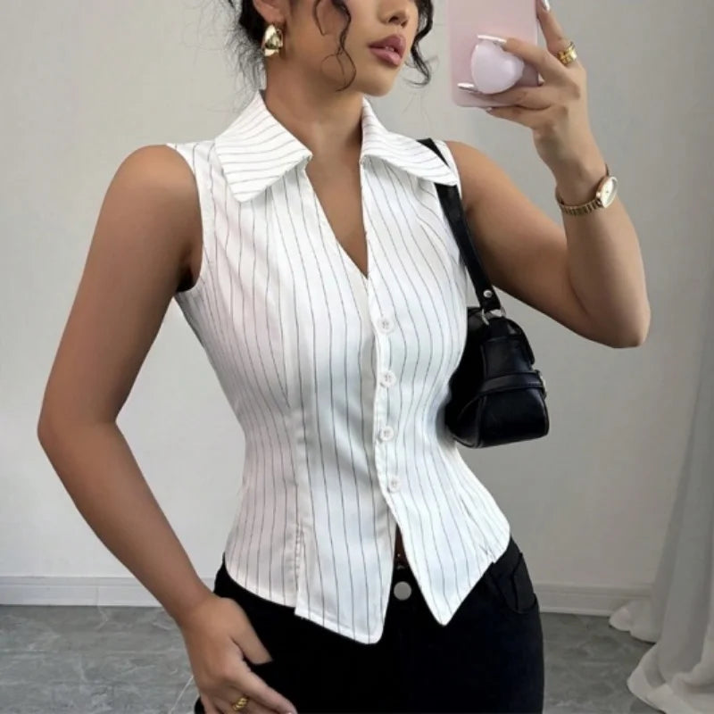 y2k Waistcoat Vest 2000s Women Summer Striped Single Breasted Sleeveless Tank Top Elegant Ladies Clothes Streetwear