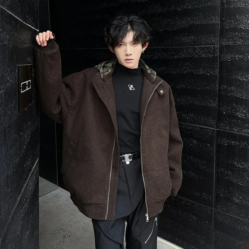 Load image into Gallery viewer, Fake Two Piece Spliced Men&#39;s Woolen Coats Hooded Plaid Korean Style Contrast Color Casual Male Jackets Trendy New 9C9280
