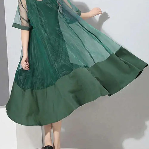 Load image into Gallery viewer, Women Green Organza Irregular Shirt Dress New Stand Collar Half Sleeve Loose Fit Fashion Tide Spring Summer 2025 JT581
