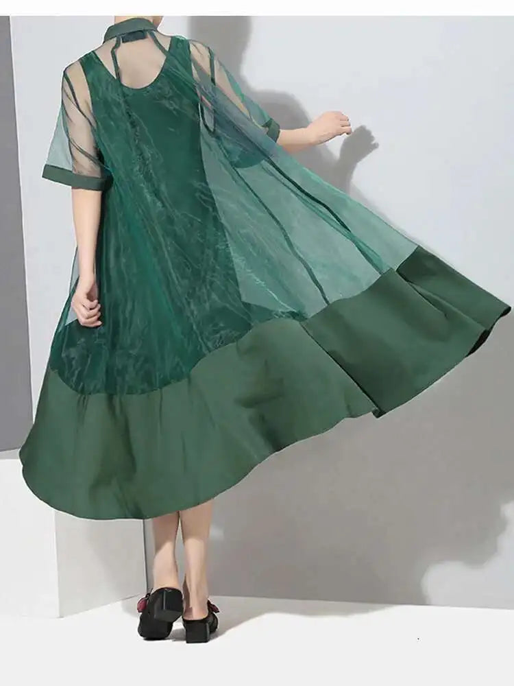 Women Green Organza Irregular Shirt Dress New Stand Collar Half Sleeve Loose Fit Fashion Tide Spring Summer 2025 JT581