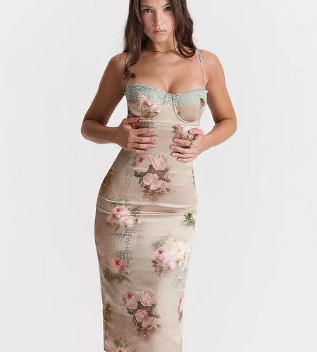 Spaghetti Strap Lace Print Midi Dress For Women Robe Strapless Backless High Waist Bodycon Club Party Long Dress