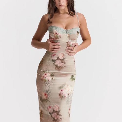 Load image into Gallery viewer, Spaghetti Strap Lace Print Midi Dress For Women Robe Strapless Backless High Waist Bodycon Club Party Long Dress
