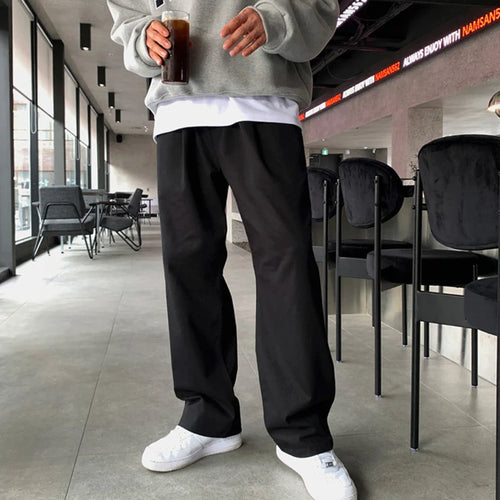 Load image into Gallery viewer, Korean Style Men&#39;s Casual Pants Solid Color Drawsting Elastic Waist Solid Color Trousers Straight Leg Male Bottom 9C9003
