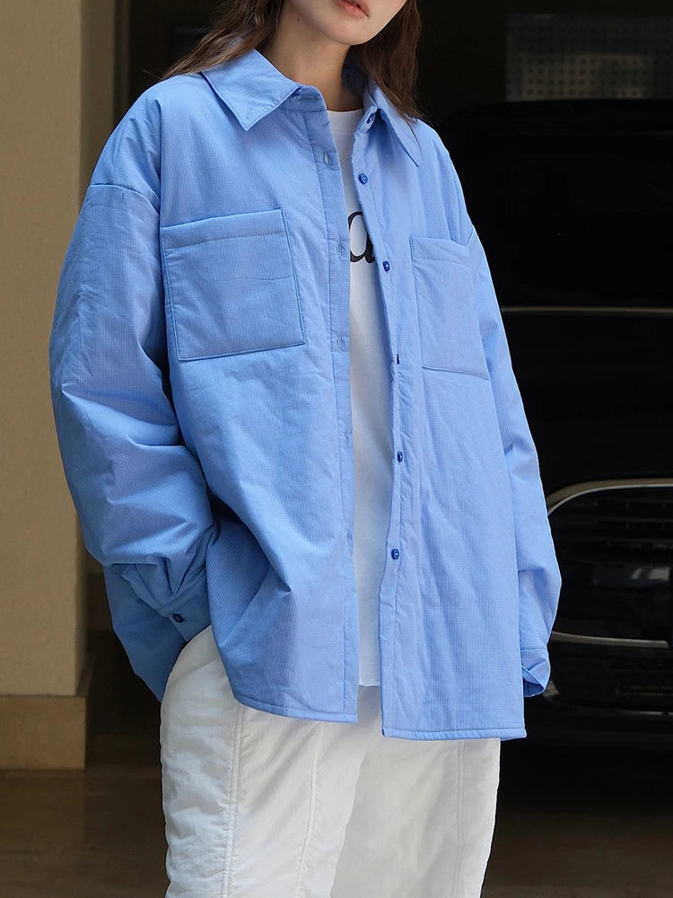 Women Blue Plaid Cotton-padded Big Size Warm Blouse New Lapel Long Sleeve Shirt Fashion Tide Autumn Winter 2025 1DH7214