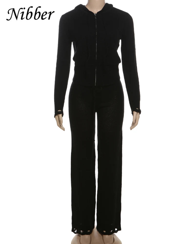 Casual Sporty 2 Piece Set Women Tracksuit Knit Hooded Zip Jacket+Straight Pants Sporty leisure Stretch Matching Streetwear