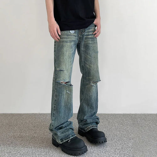 Load image into Gallery viewer, Summer Male Hole Jeans New American High Street Denim Pants Trendy Straight Micro Flared Trousers Make Old Design 9W1424
