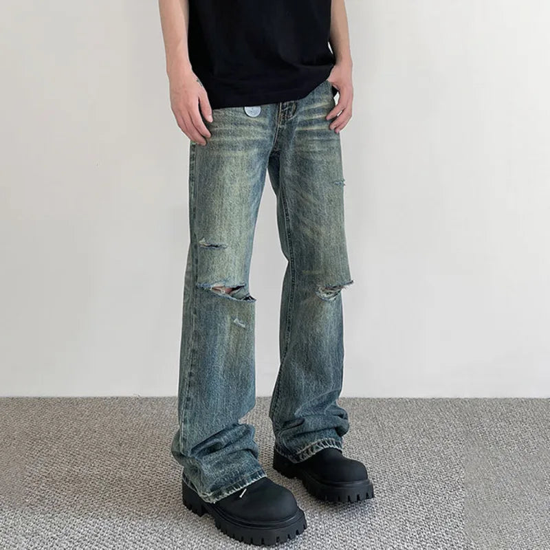 Summer Male Hole Jeans New American High Street Denim Pants Trendy Straight Micro Flared Trousers Make Old Design 9W1424