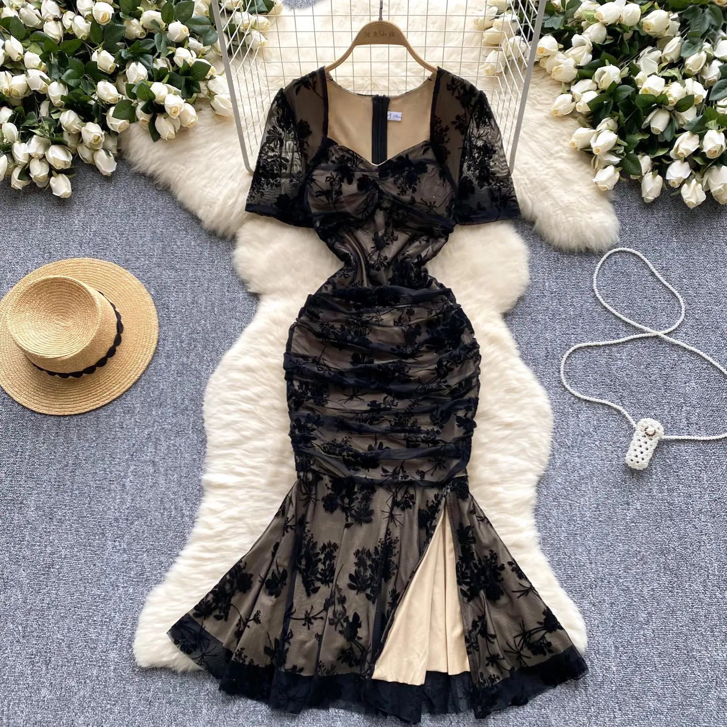 Vintage Women Black Elegant Square Neck Birthday Fishtail Evening Dress Summer High Waist Party Pleated Lace Split Long Dresses