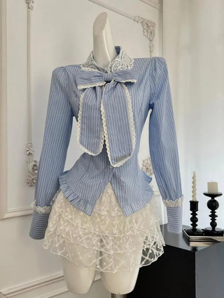 Autumn Women 2 Piece Set Fashion Blue Striped Lace Long Sleeve Lapel Single Breasted Shirt Top And High Waist Pleated Mini Skirt