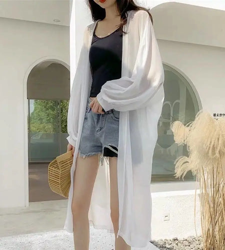 Summer White Sun Protection Clothing Women Long Cardigan Female Loose Cardigans Ladies Shawl Women Chiffon Thin Coat