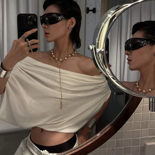 Load image into Gallery viewer, One Shoulder Leisure t-Shirt Women Folds Solid Skinny Loose Summer New Trend Simple Classic Versatile Street Daily Tops
