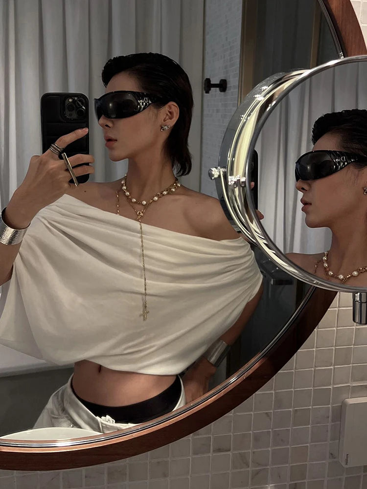 One Shoulder Leisure t-Shirt Women Folds Solid Skinny Loose Summer New Trend Simple Classic Versatile Street Daily Tops