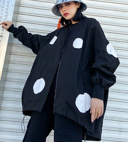 Black Dot Big Size Irregular Jacket New Stand Collar Long Sleeve Women Coat Fashion Tide Spring Autumn 2025 1DH1212