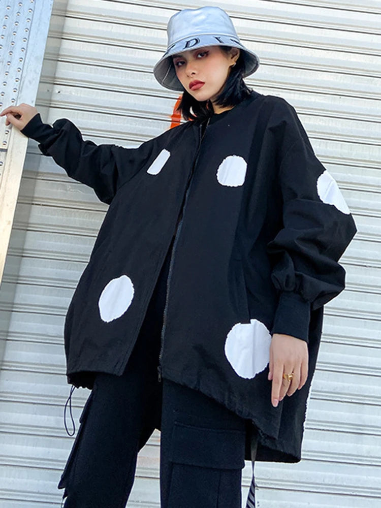 Black Dot Big Size Irregular Jacket New Stand Collar Long Sleeve Women Coat Fashion Tide Spring Autumn 2025 1DH1212