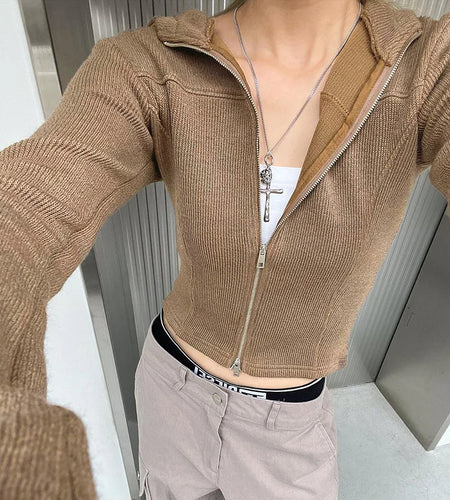 Casual Knit Spring Autumn T shirt Female Hooded Top Solid Basic Outwear Harajuku Zip Up Jacket Shirt Cropped Clothing