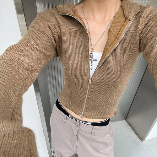 Load image into Gallery viewer, Casual Knit Spring Autumn T shirt Female Hooded Top Solid Basic Outwear Harajuku Zip Up Jacket Shirt Cropped Clothing
