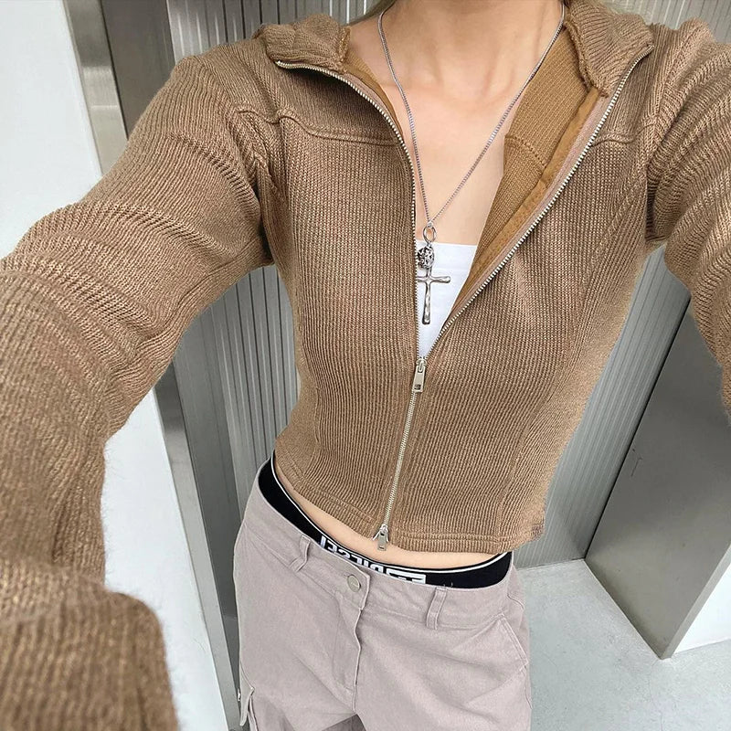 Casual Knit Spring Autumn T shirt Female Hooded Top Solid Basic Outwear Harajuku Zip Up Jacket Shirt Cropped Clothing