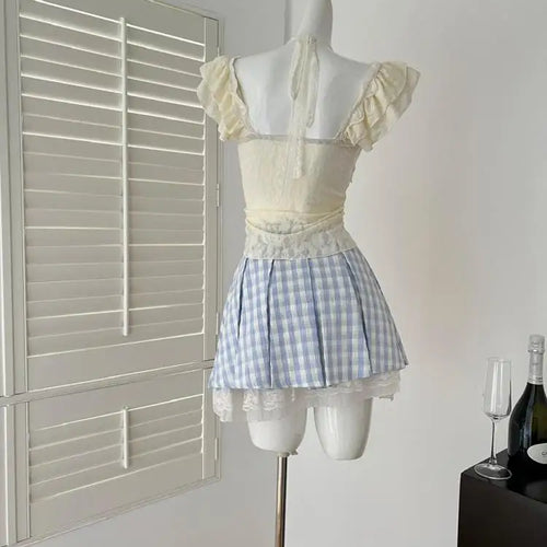 Load image into Gallery viewer, Summer Women&#39;s 2025 New Beige Lace Elegant Ruffles Halter Lace-up Tops And Blue Plaid High Waist Sexy Mini Skirt Two-piece Sets
