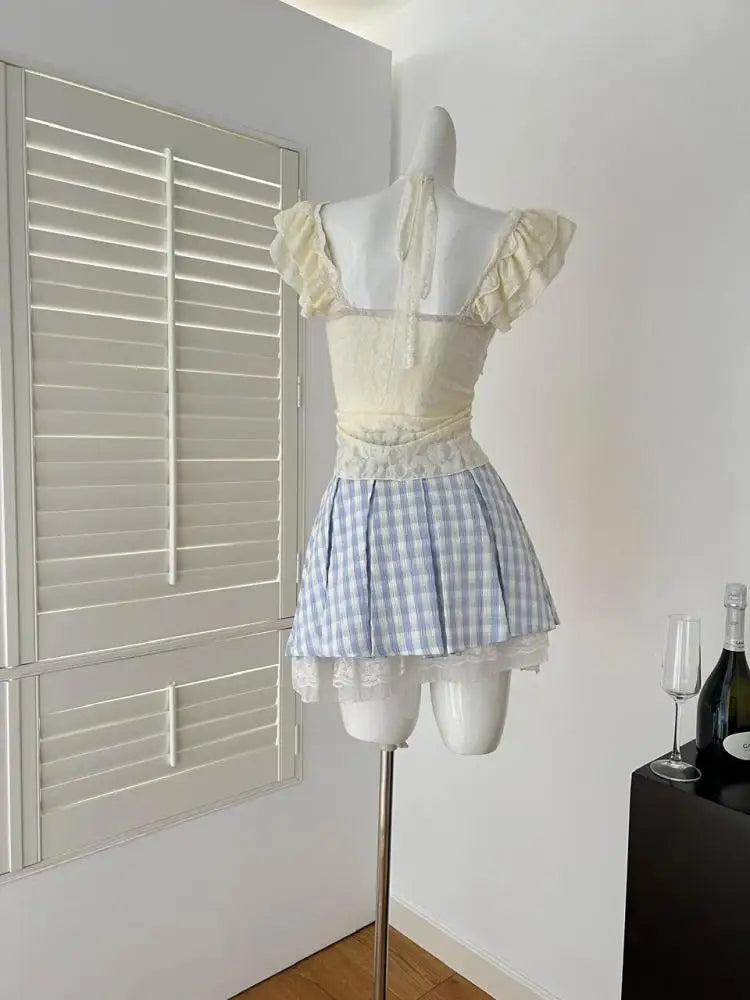 Summer Women's 2025 New Beige Lace Elegant Ruffles Halter Lace-up Tops And Blue Plaid High Waist Sexy Mini Skirt Two-piece Sets