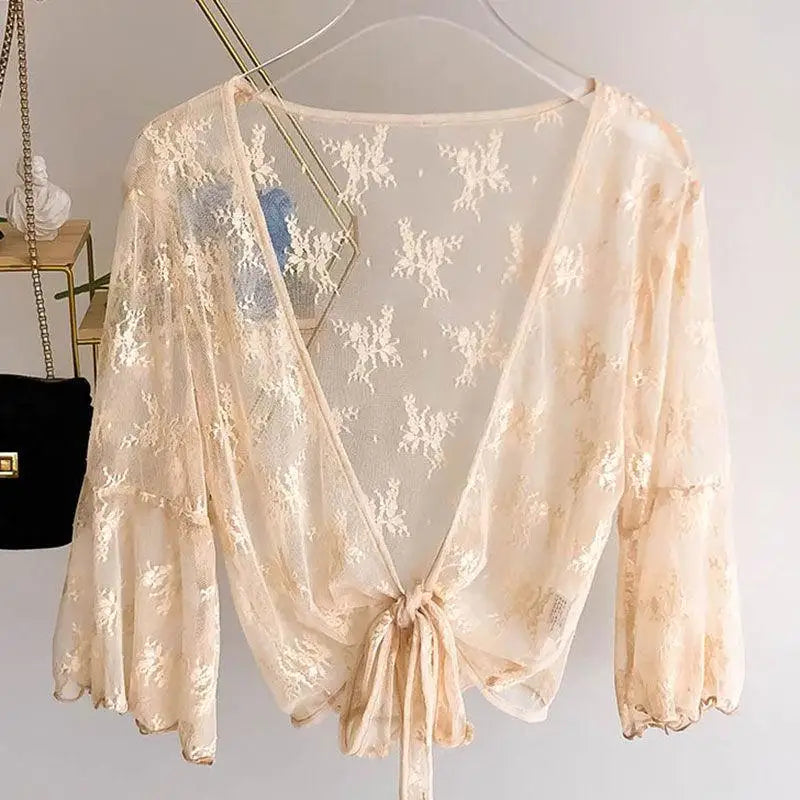 2023 Summer Jackets Lace Shawl Women's Clothing Short Lace-up Sun Protection Shawl Coat Cardigan Top Thin Femme Mujer
