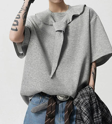 Men's T-shirts Short Sleeve Solid Color Trendy New Korean Style Tie Design Round Neck Pullover Male Clothing 9W1943