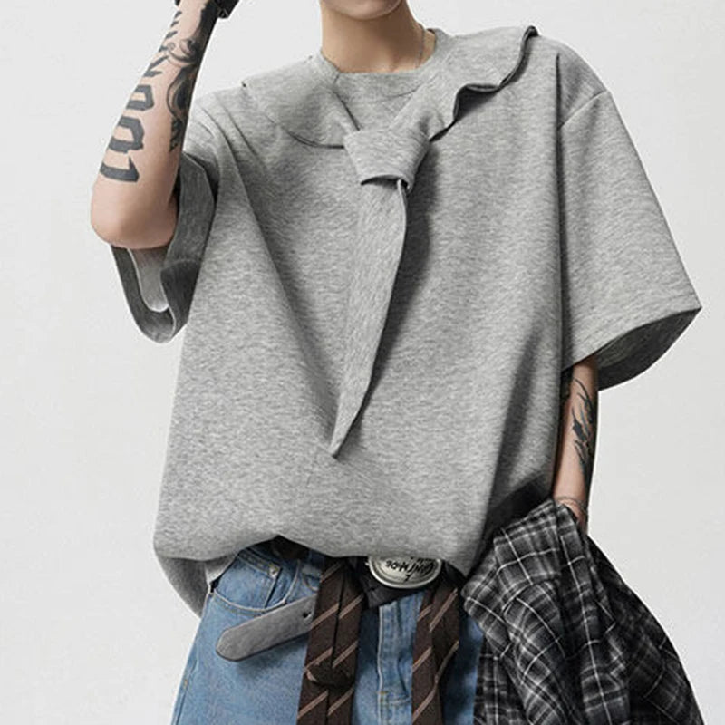 Men's T-shirts Short Sleeve Solid Color Trendy New Korean Style Tie Design Round Neck Pullover Male Clothing 9W1943