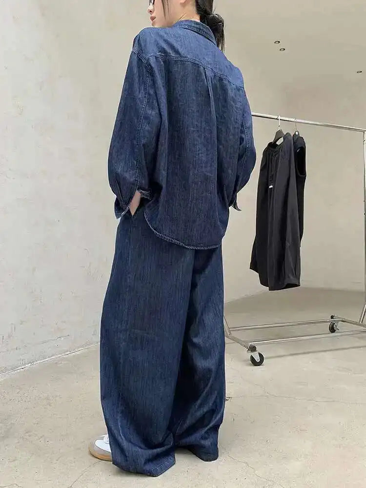 Women Blue Deniim Vintage Big Size Casual Blouse New Lapel Long Sleeve Shirt Fashion Tide Spring Autumn 2025 1DH8350