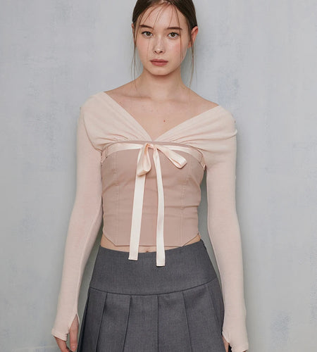 Contrast Patchwork Satin Lacing Crop Top Women V-Neck Long Sleeve Slim Versatile T-shirt Balletcore Party Streetwear