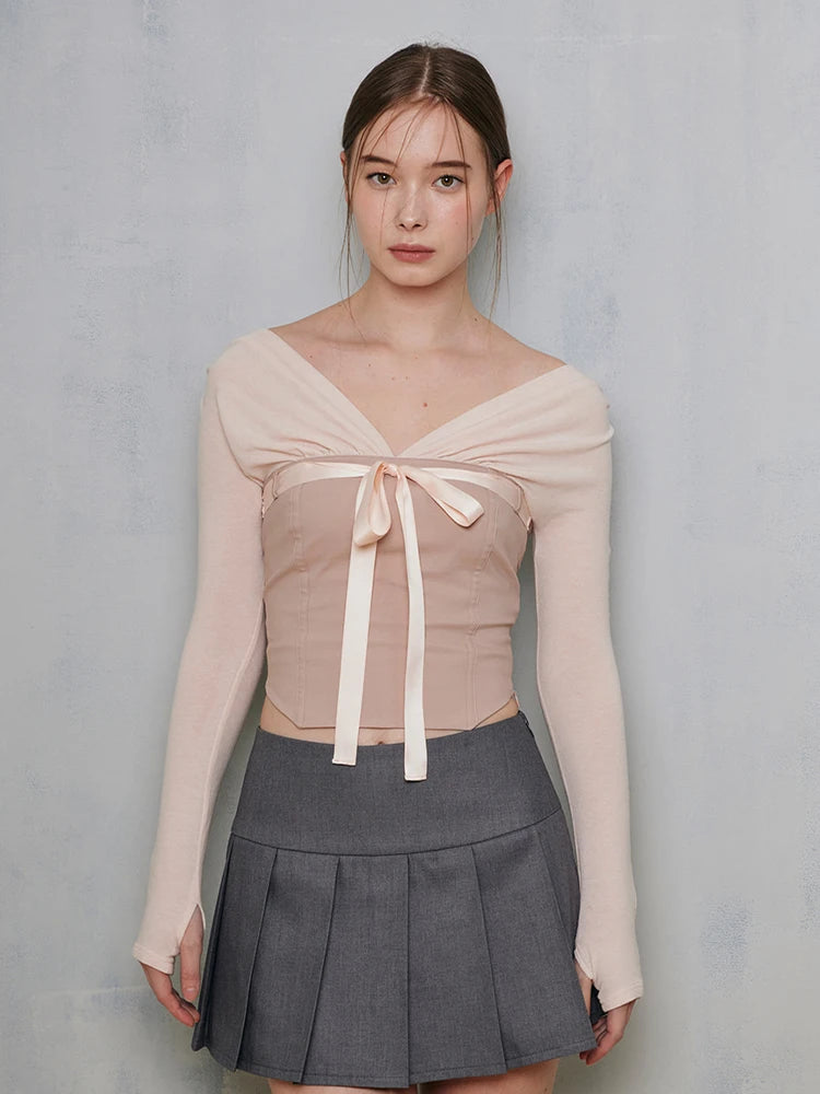 Contrast Patchwork Satin Lacing Crop Top Women V-Neck Long Sleeve Slim Versatile T-shirt Balletcore Party Streetwear