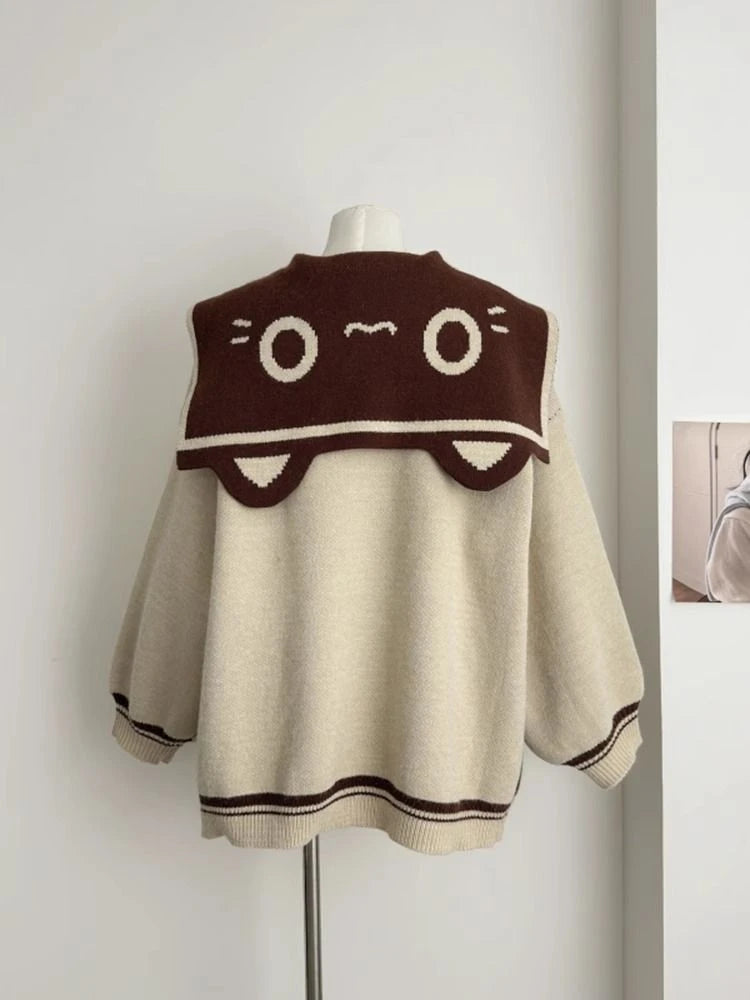 Preppy Style Grunge Kawaii Cute Cat Jacquard Sweaters Women Y2k Aesthetic Casual Loose Jumpers Autumn Contrast Color Pullovers