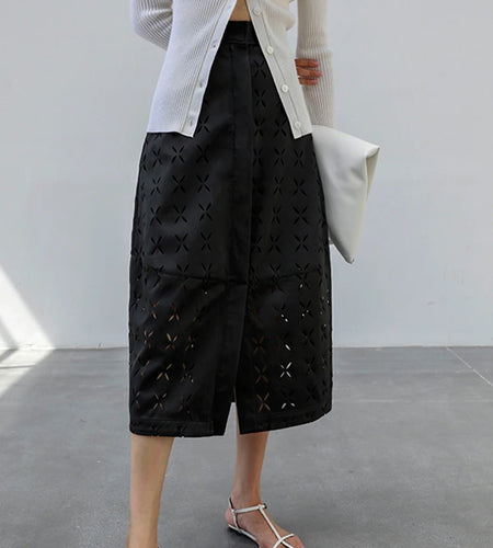 Vintage Cut Out Midi Skirt For Women High Waist A Line Solid Minimalist Long Skirts Female Summer Clothing