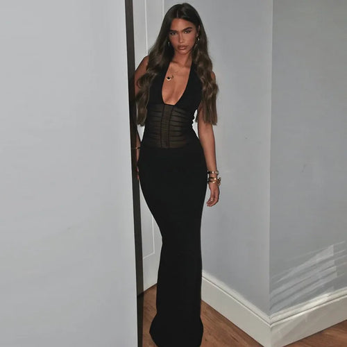 Load image into Gallery viewer, Mesh See Through Halter Sexy Maxi Dress Women Gown Fashion Deep V Neck Sleeveless Backless Bodycon Long Dress Elegant
