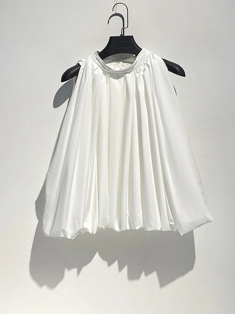 Women White Pleated Elegant Big Size Bud Blouse New Stand Collar Sleeveless Shirt Fashion Tide Spring Summer 2025 1DJ1484