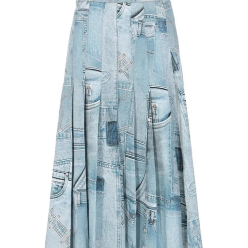 Load image into Gallery viewer, Solid Patchwork Pleated Elegant Denim Skirts For Women High Waist Vintage Split Skirt Female Fashion Clothing
