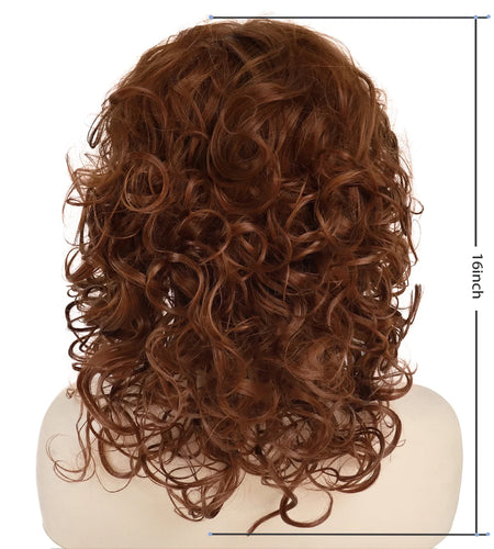 Synthetic Hair Natural Wigs for Women Medium Length Red Brown Curly Wig for Mother Fluffy Soft Short Wig with Bangs