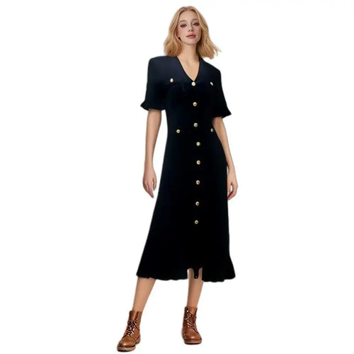 Load image into Gallery viewer, Women Solid V Neck Ruffles Edge Knitted Single Breasted Dress Fashion Spring Summer Short Sleeves Festival Long Dress Simplicity
