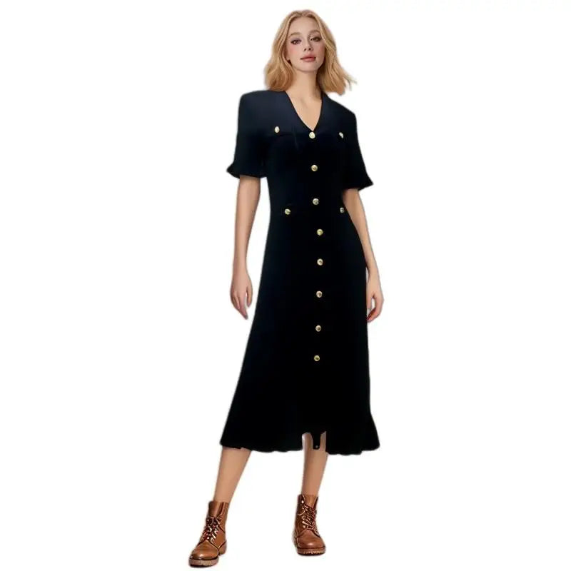 Women Solid V Neck Ruffles Edge Knitted Single Breasted Dress Fashion Spring Summer Short Sleeves Festival Long Dress Simplicity