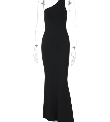 Fashion Black One Shoulder Strap Backless Sexy Bodycon Maxi Dress Spring Summer Women Y2K Outfit Evening Party Festival