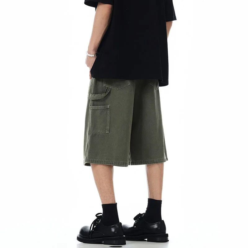 Men's American Style Spliced Cargo Shorts Summer Loose Trendyt Straight Leg Niche Design Solid Color Menwear 9W1711