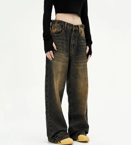 American Style Men's Jeans Washing Contrast Color Worn-out Trousers Straight Wide Leg Male Denim Pants New Summer 9C8884