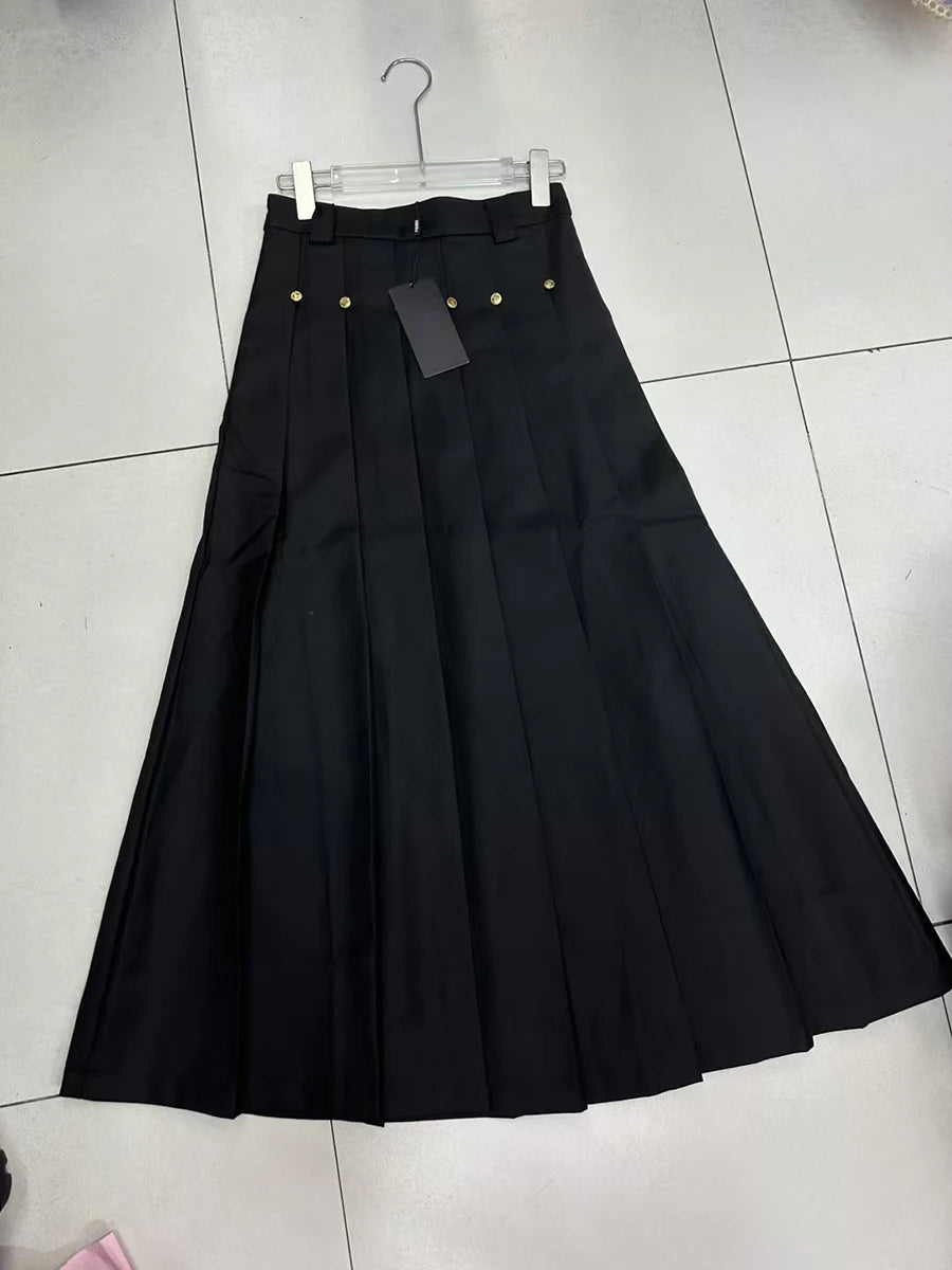 Solid Spliced Button Chic Skirts For Women High Waist Spliced Folds Temperament A Line Skirts Female Fashion New