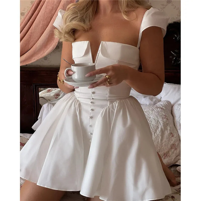White Backless Sexy Mini Dress For Women Fashion Square Collar Short Sleeve High Waist A-line Club Party Sexy Dress