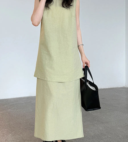 Green Belted Tank Top Half-body Skirt Two Pieces Suit New Round Neck Sleeveless Women Fashion Spring Autumn 2025 1DJ1111