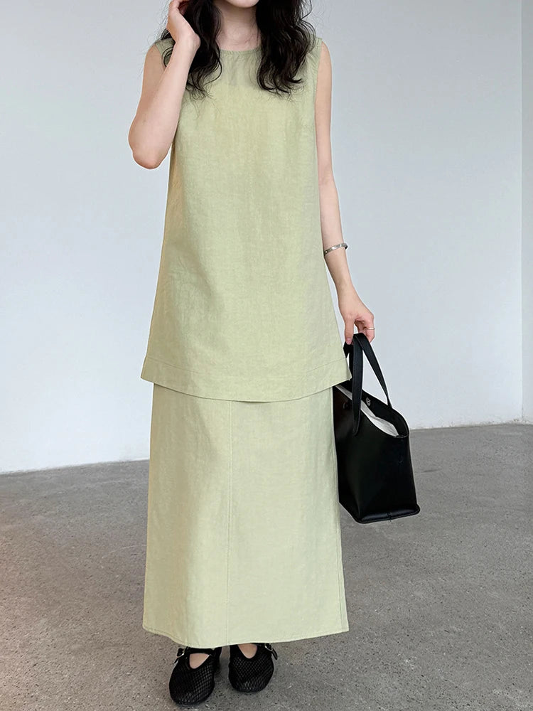 Green Belted Tank Top Half-body Skirt Two Pieces Suit New Round Neck Sleeveless Women Fashion Spring Autumn 2025 1DJ1111