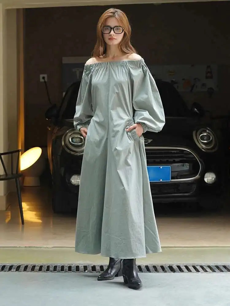 Women Black Brief Long Elegant Dress New Slash Neck Long Puff Sleeve Loose Fit Fashion Tide Spring Autumn 2025 1DF9947