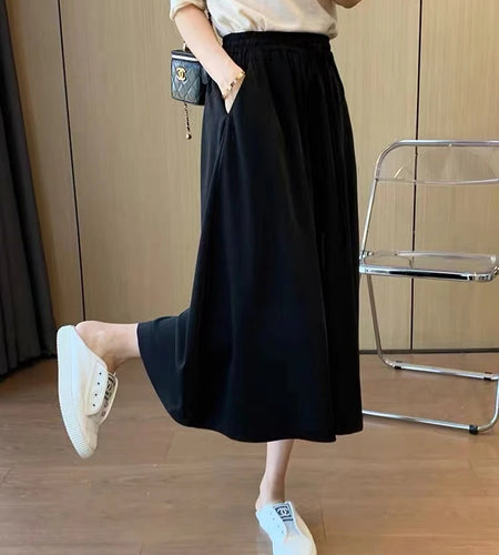 Summer Black Plus Size Women High-waisted Women Temperament Brown Casual Wide Leg Seven Point Pleated Pants Loose Simplicity New