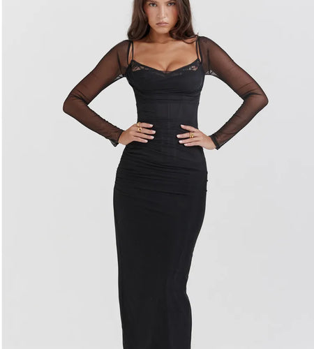 Long Sleeve Mesh Patchwork Lace Double Layer Women Sexy Solid Midi Dress For Ladies Autumn Party Clubwear Long Dress