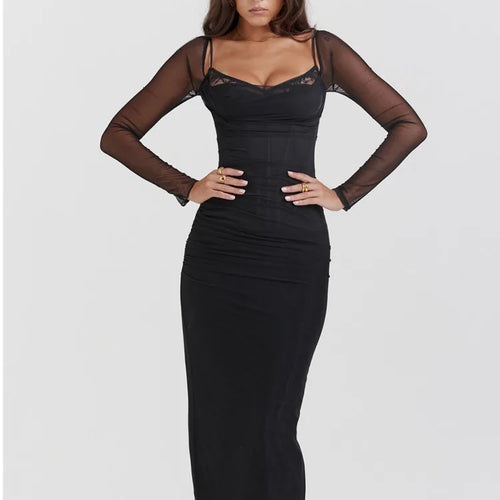 Load image into Gallery viewer, Long Sleeve Mesh Patchwork Lace Double Layer Women Sexy Solid Midi Dress For Ladies Autumn Party Clubwear Long Dress
